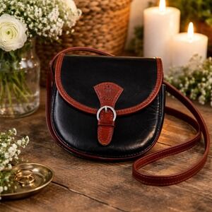 Firenze Italy Vintage Black Brown Leather Crossbody Saddle Bag Fleur De Lis